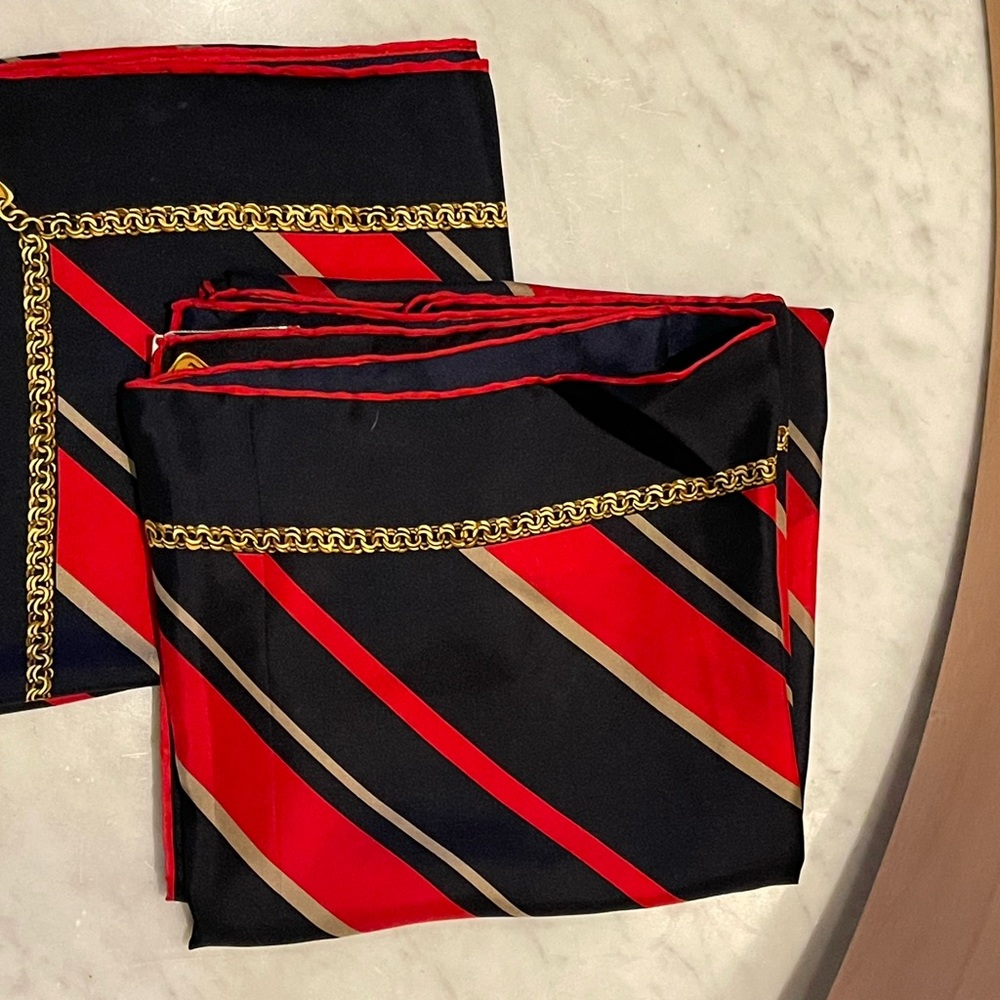 Silk Carlisle Red and Black Striped Scarf with Gold Chain Design- 2